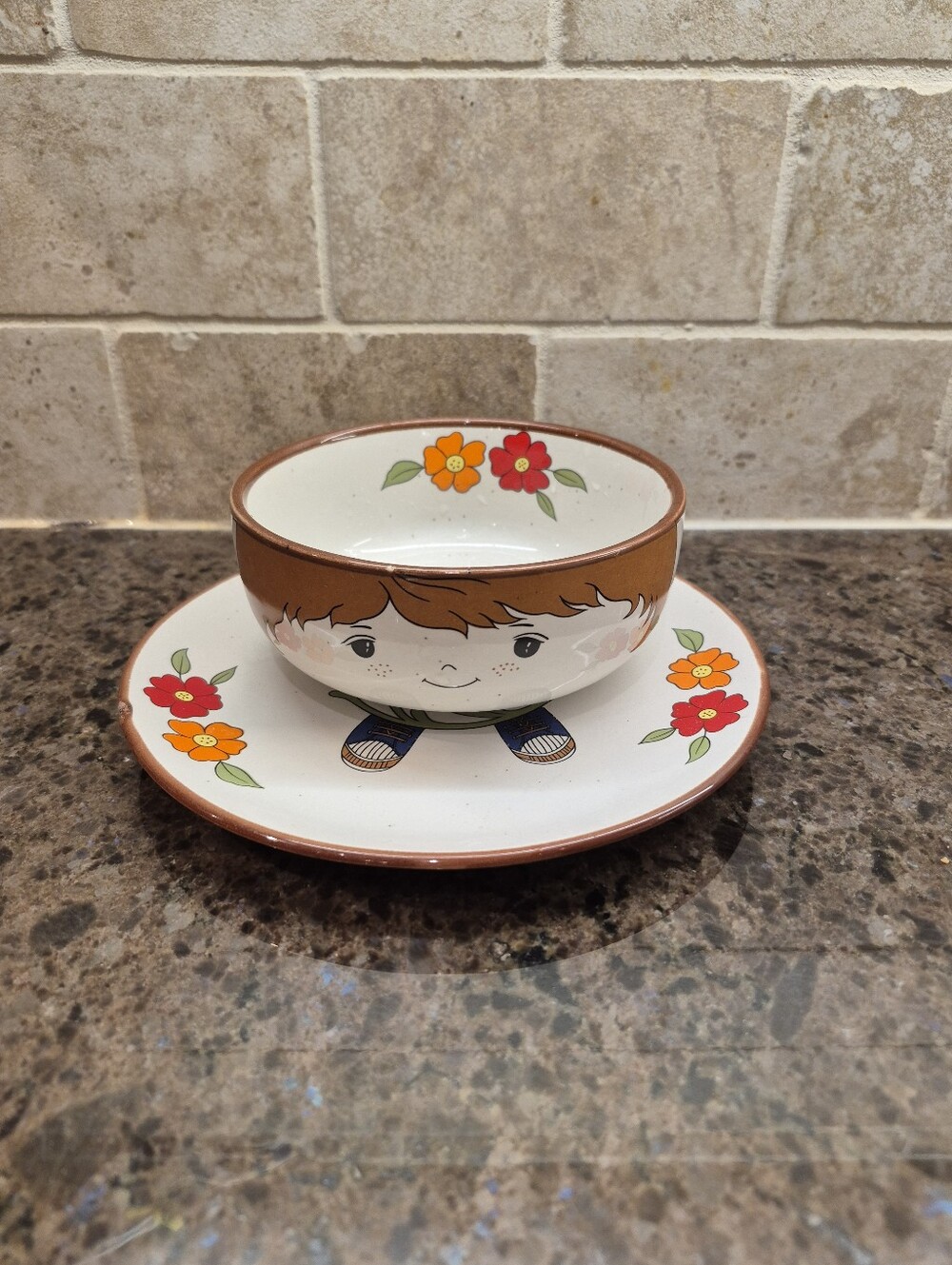 Vintage Interpur Children's Dish Set Farmer Boy Plate Bowl Korea
